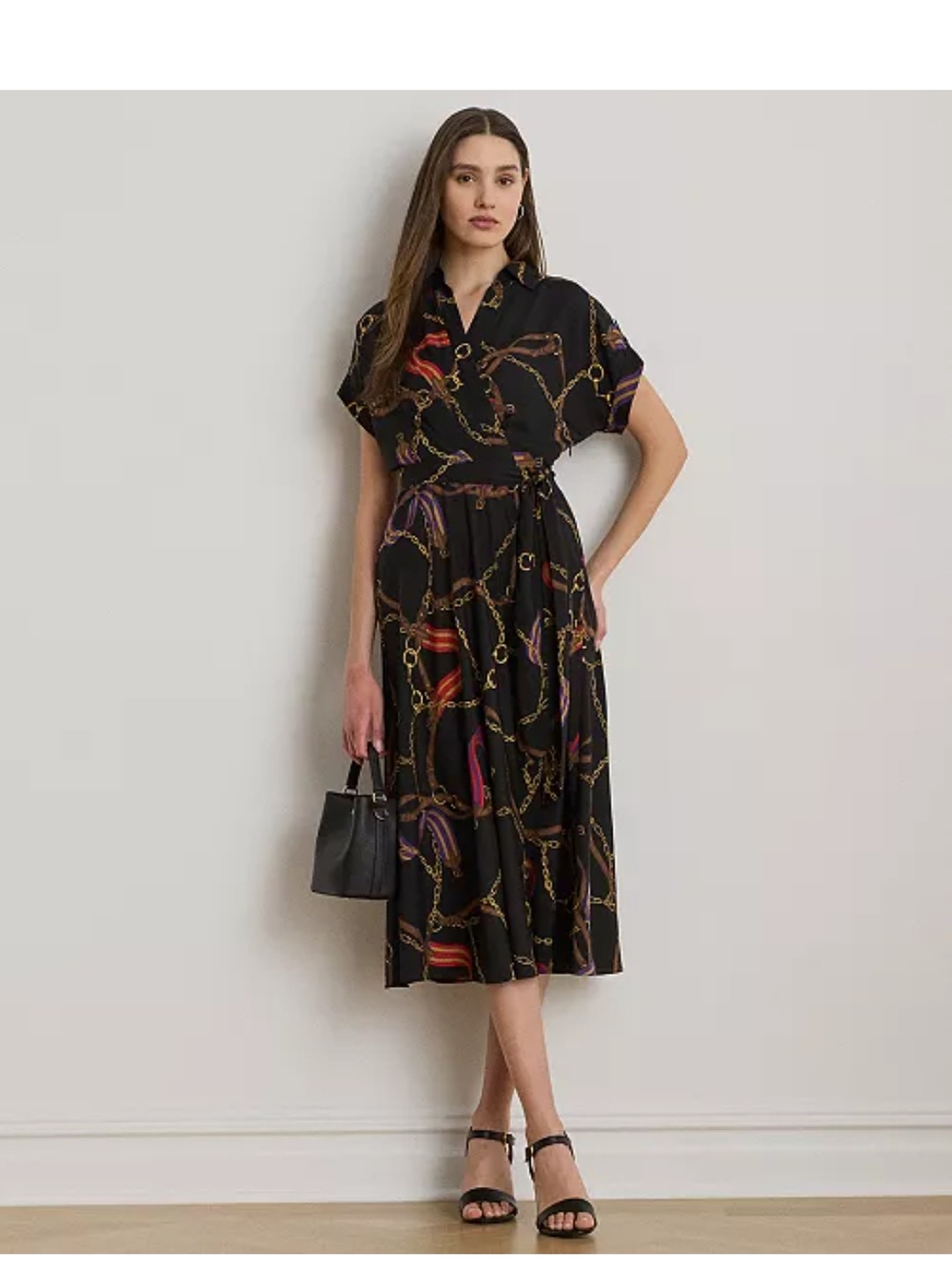 Black Chain-Print Wrap Midi Dress, NWT, MSRP $175, Belt Not Included